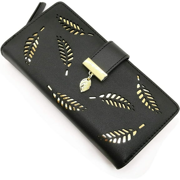 FUNING Women's Short Purse Leather Medium Wallet Leaf Bifold Card Coin Holder Small Purses Buckle Zipper Clutch