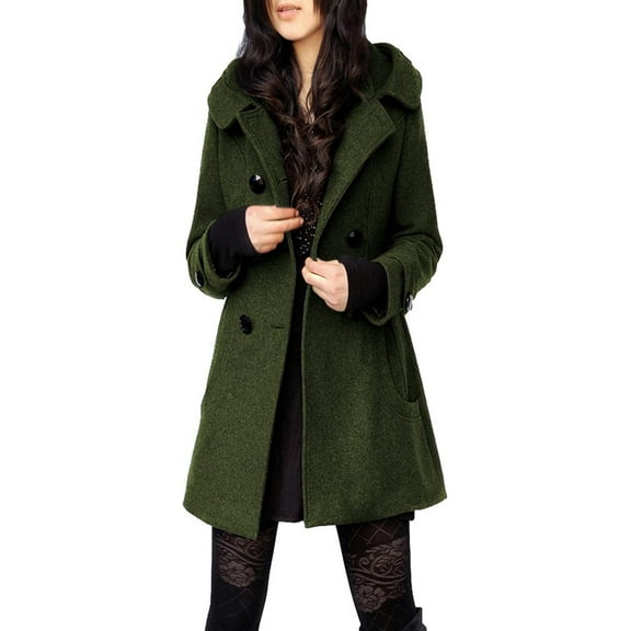 FUNING Women's Warm Double Breasted Wool Pea Coat Trench Coat Jacket with Hood