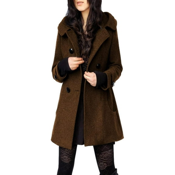 FUNING Women's Warm Double Breasted Wool Pea Coat Trench Coat Jacket with Hood