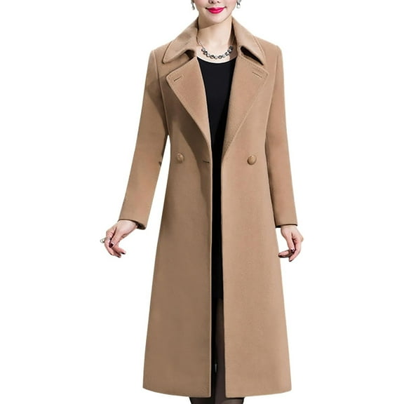FUNING Women's Winter Wool Coats Warm Double-breasted Notched Lapel Jackets Midi Long Peacoat Long Sleeve Pea Coats