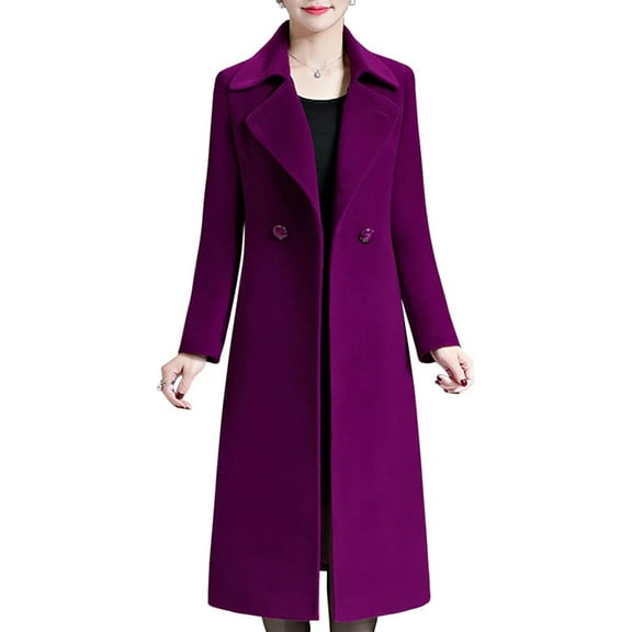 FUNING Women's Winter Wool Coats Warm Double-breasted Notched Lapel Jackets Midi Long Peacoat Long Sleeve Pea Coats
