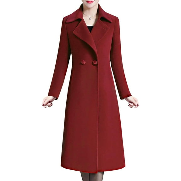 FUNING Women's Winter Wool Coats Warm Double-breasted Notched Lapel Jackets Midi Long Peacoat Long Sleeve Pea Coats
