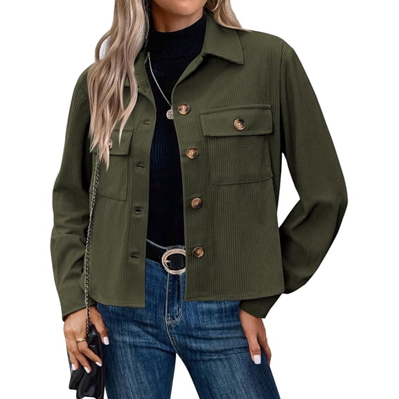 FUNING Womens Fashion Cropped Shackets Corduroy Button Down Crop Jackets Tops Long Sleeve Shirts Trendy