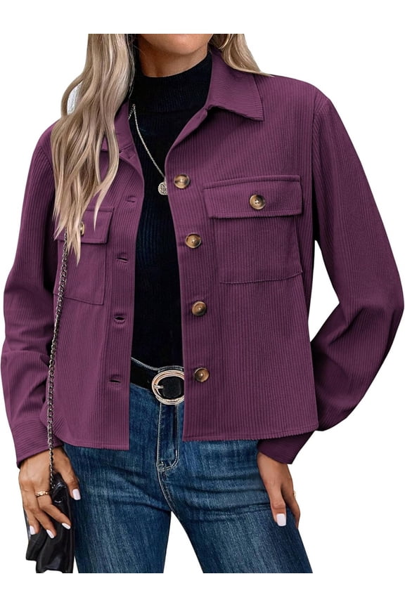 Womens Fashion Cropped Shackets Corduroy Button Down Crop Jackets Tops Long Sleeve Shirts Trendy