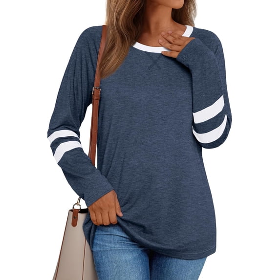 FUNING Womens Long Sleeve Shirts Color Block Casual Crewneck Tops Tshirt Basic Tee Fall Fashion Clothes Trendy Outfits