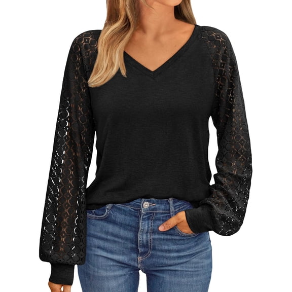 FUNING Womens Long Sleeve Shirts V-Neck Lace Tops Business Casual Blouses Tee Trendy 2025 Fall Fashion Outfits Clothes