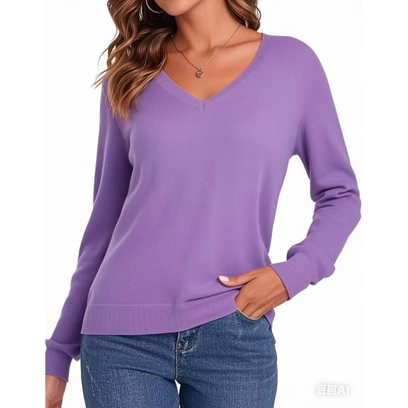 FUNING  Womens Long Sleeve V Neck Sweaters 2025 Fall Casual Classic Soft Loose Fit Basic Pullover Jumper Top