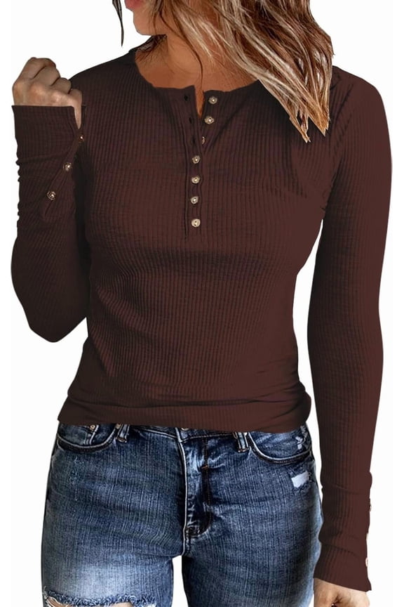 Womens Long Sleeves Ribbed Knit Tunic Shirts Scoop Neck Button Down Tops Casual Henley Tee Shirt Slim Fit Blouses