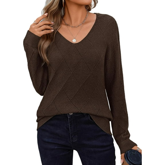 FUNING Womens Sweaters Fall 2025 Long Sleeve Knit Pullover V Neck Lightweight Crochet Sweater Tops Dressy Casual