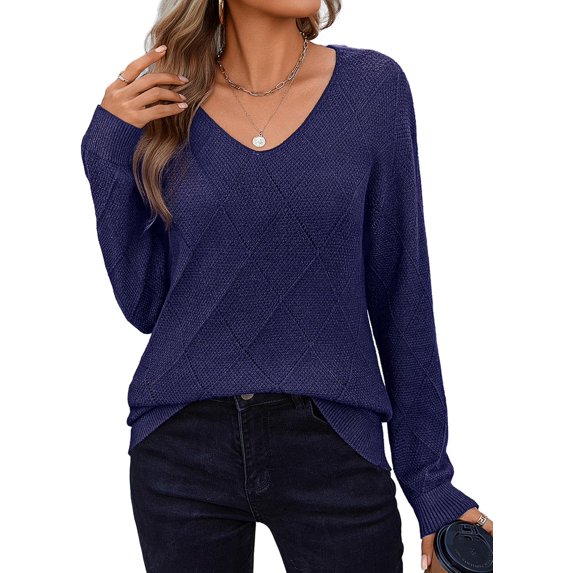 FUNING Womens Sweaters Fall 2025 Long Sleeve Knit Pullover V Neck Lightweight Crochet Sweater Tops Dressy Casual