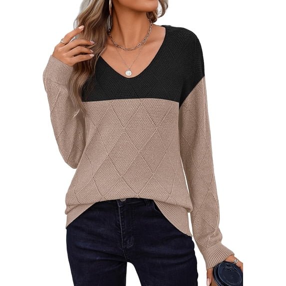 FUNING Womens Sweaters Fall 2025 Long Sleeve Knit Pullover V Neck Lightweight Crochet Sweater Tops Dressy Casual