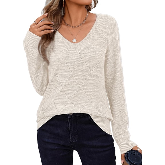 FUNING Womens Sweaters Fall 2025 Long Sleeve Knit Pullover V Neck Lightweight Crochet Sweater Tops Dressy Casual