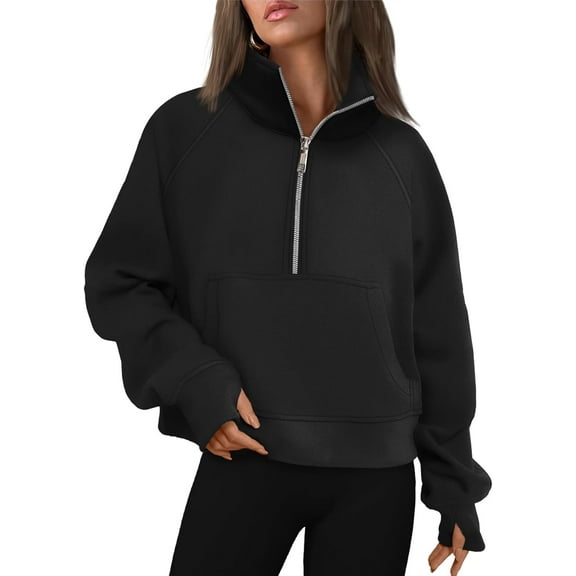 FUNING  Womens Sweatshirts Half Zip Cropped Pullover Fleece Quarter Zipper Hoodies 2025 Fall Fashion Outfits Clothes