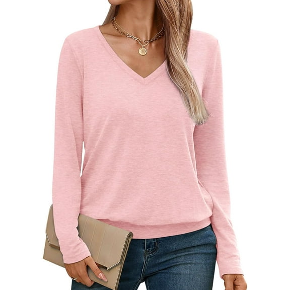 FUNING Womens V Neck Long Sleeve Shirts Casual Banded Hem Tops Basic Tees Spring Fall Clothes 2025