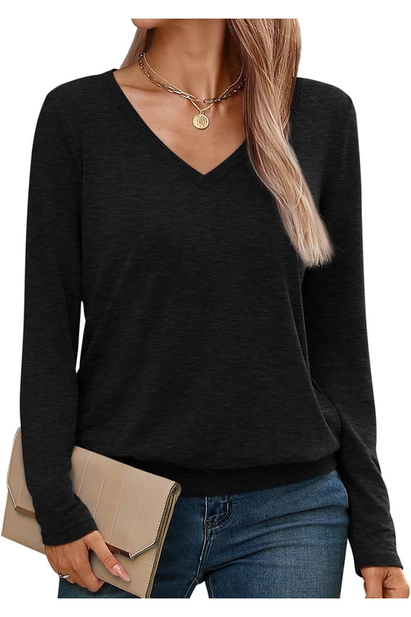 Womens V Neck Long Sleeve Shirts Casual Banded Hem Tops Basic Tees Spring Fall Clothes 2025