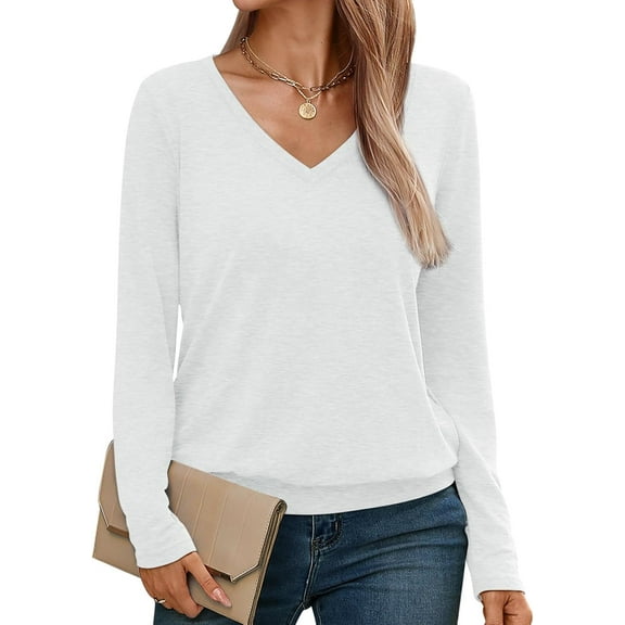 FUNING Womens V Neck Long Sleeve Shirts Casual Banded Hem Tops Basic Tees Spring Fall Clothes 2025