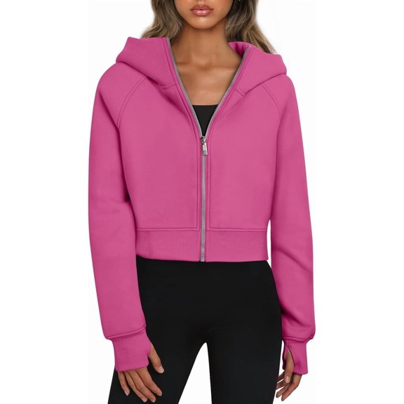FUNING Womens Zip Up Hoodies Jackets Cropped Sweatshirts Fleece Fall Outfits Casual Comfy Y2k Tops Winter Clothes 2025