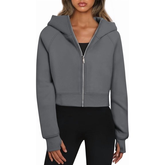 FUNING Womens Zip Up Hoodies Jackets Cropped Sweatshirts Fleece Fall Outfits Casual Comfy Y2k Tops Winter Clothes 2025
