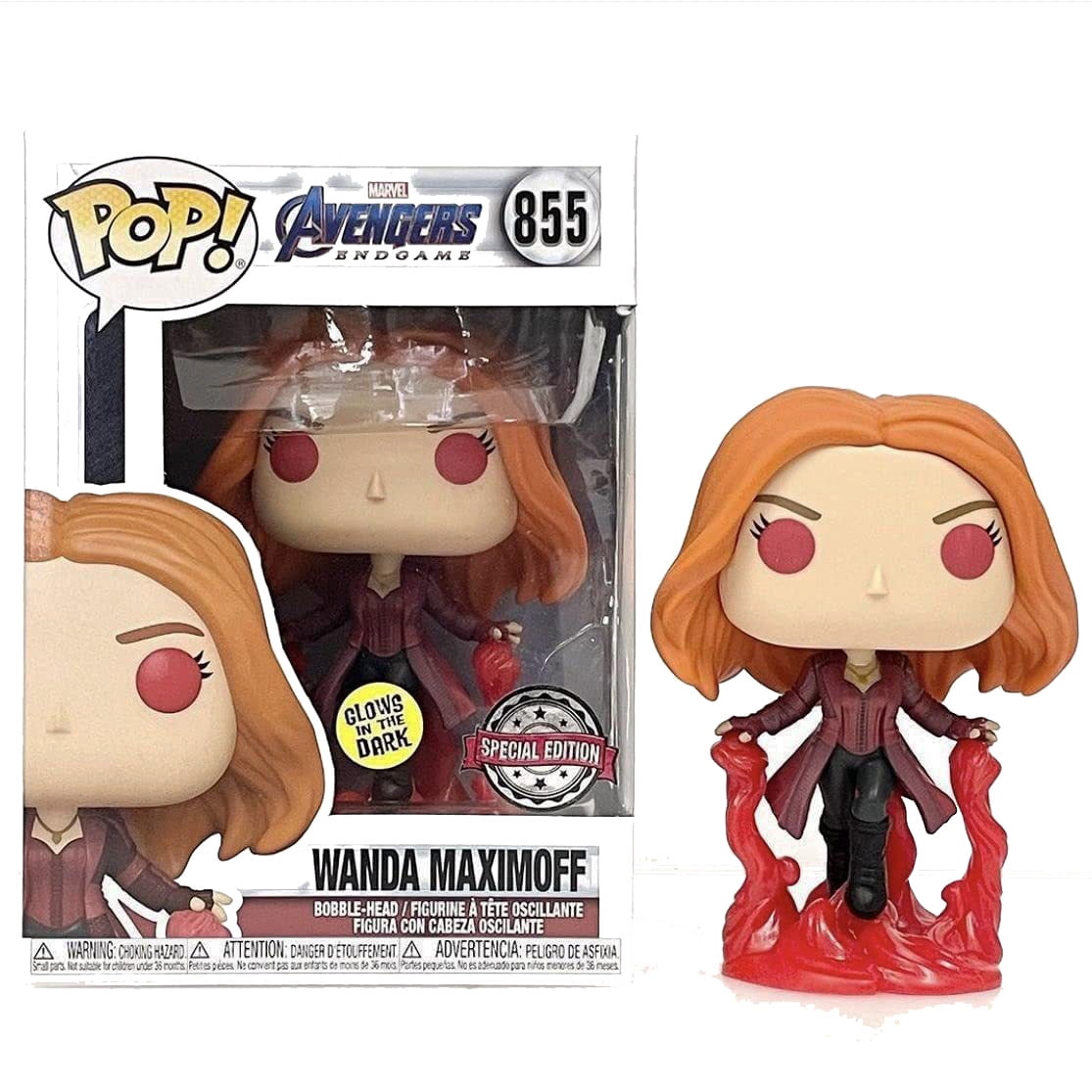 FUNKO POP#855 Glow Avengers Endgame Special Edition EXCLUSIVE series Scarlet Witch Age of Ultron Boys and girls birthday gift collectible ornamen（+Plastic protective shell） -