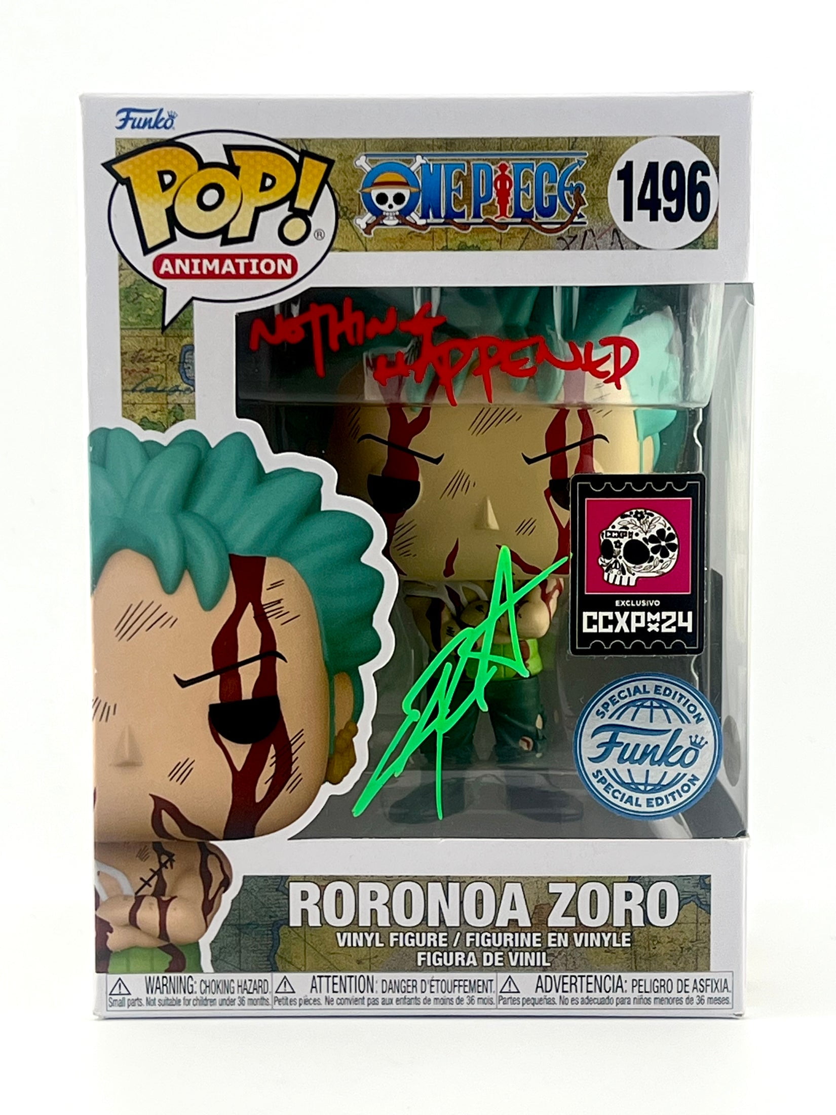 ポコ FUNKO POP! RORONOA ZORO 1496 CCXP EXCLUSIVE JVA & ENGLISH SIGNED