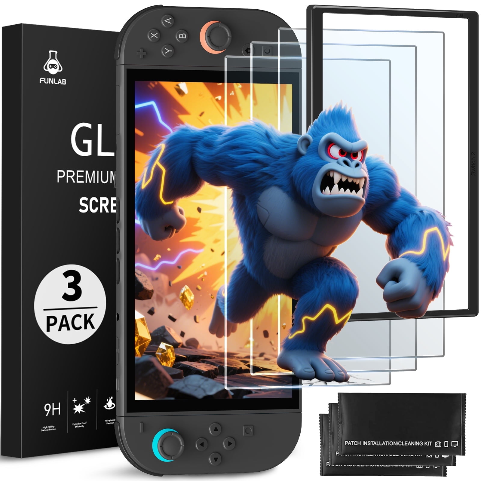 FUNLAB 3-Pack Screen Protector for Nintendo Switch 2 with Auto-Alignment 2025,Anti-Blue Light Tempered Glass,Ultra-Clear