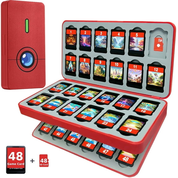 FUNLAB Switch 2 Game Case, Compatible with Switch/Switch 2 Game and Micro SD Cards, Switch Holder Card Case for 48 Game Cards - Red