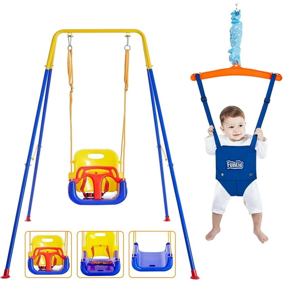 FUNLIO 2 in 1 Toddlers Heavy Duty Kids Swing & Bouncer Blue with 4 Sandbags and Baby Jumper Swing Set