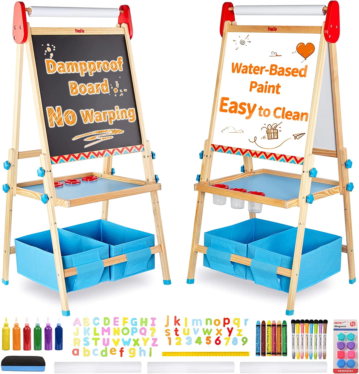 WOOD CITY Easel for Kids, Adjustable Standing Art Easel with Painting  Accessories Wooden Chalkboard & Magnetic Whiteboard & Painting Paper Stand