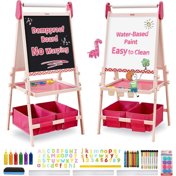 FUNLIO Kids Art Easel, 3 Height Adjustable for Kids Aged 2-8, Toddler Easel with Paper Roll, Anti-Warp & Magnetic Chalkboard/Whiteboard, All-in-One Standing Easel with Erasable Frame (Pink)