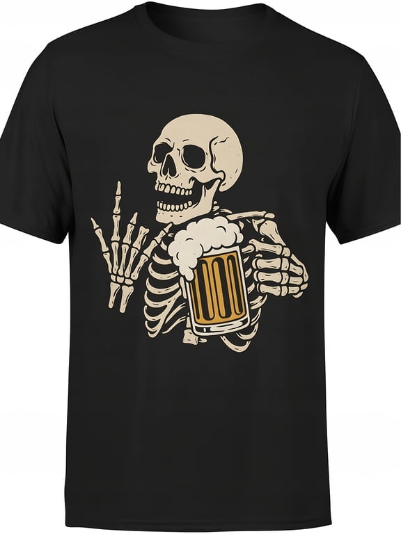 FUNNY beer T-shirt Men's Tee with skull Casual Crew Neck, Geometric-pattern, Perfect for All-season