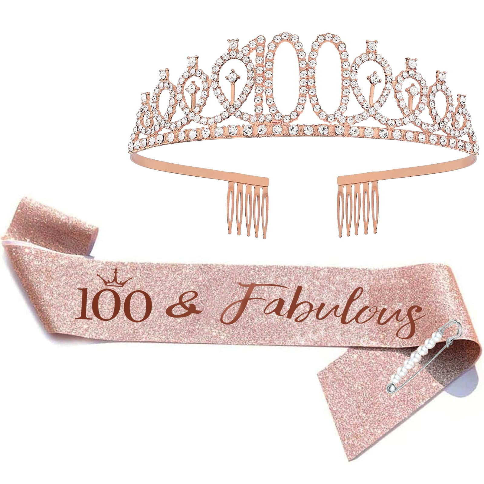 FUNSACHY 100th Birthday Sash IFF17 & Rhinestone Tiara Set