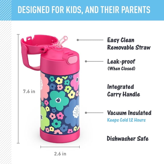 FUNTAINER Water Bottle and Food Jar Bundle - 12 Ounce Floral Vacuum Insulated Kids Stainless Steel Water Bottle with Straw, 10 Ounce Pink Insulated Food Jar with Spoon