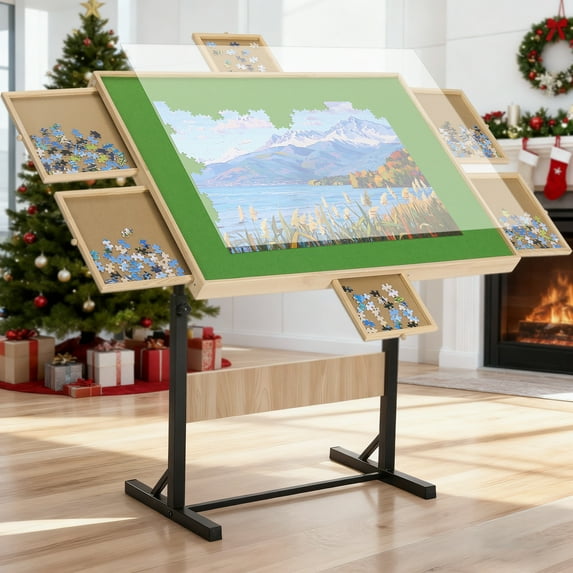 FUNTOK 2000 Pieces Puzzle Table with 6 Drawers, Adjustable Jigsaw Table in Height Angle Upgraded Stability Easy Sorting for Adults