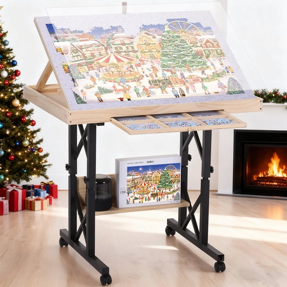 FUNTOK 1500 Pieces Puzzle Table with 4 Wheels, Adjustable Jigsaw Table with Drawers in Height Angle with Cover, Upgraded Stability for Adults