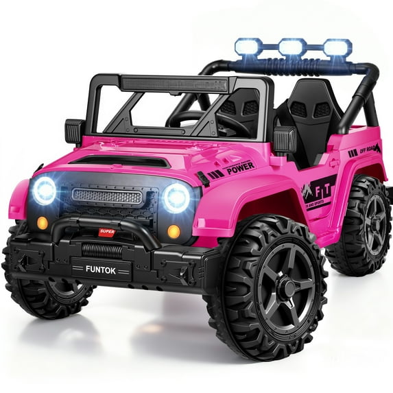 FUNTOK 24 Volt 2 Seater Kids Ride on Toys w/ 20 " Large Seat, 4 x 200W Motor Electric Vehicle Car, 4WD/2WD Switchable Battery Powered Ride on Truck, 3 Speeds with Remote Control & LED Lights, Pink