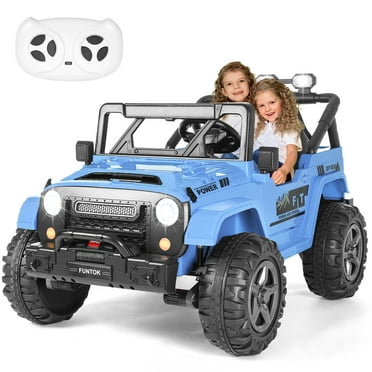 FUNTOK 24V 2 Seater Kids Ride on Toys w/ 20 " Large Seat, 4 x 200W Motor, 2WD/4WD Switchable Ride on Truck, 3 Speeds w/ Remote Control/LED Lights/Music/Bluetooth, Grey Blue