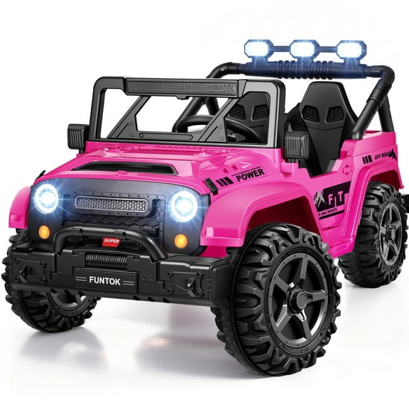 FUNTOK 24V 2 Seater Kids Ride on Toys w/ 20 " Large Seat, 4 x 200W Motor, 2WD/4WD Switchable Ride on Truck, 3 Speeds w/ Remote Control/LED Lights/Music/Bluetooth, Pink