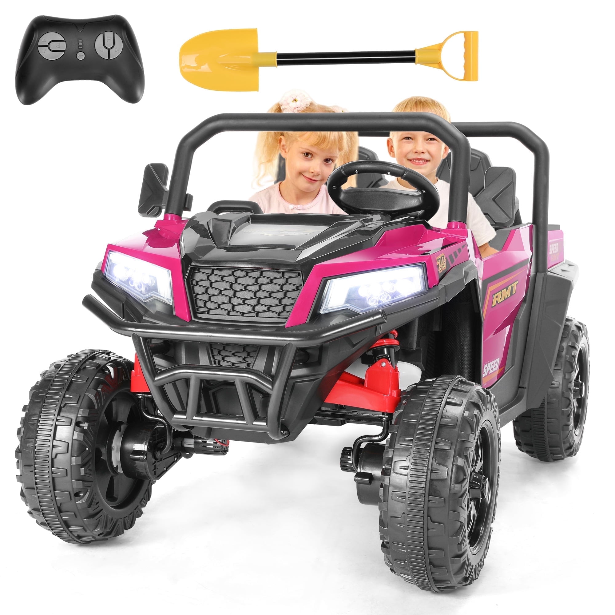 FUNTOK 24V 2 Seater Kids Electric Ride on Toys Car,4 x 200W Motor Battery Powered UTV,4WD Motorized Cars for Toddler w/ Dump Bed,Shovel,Remote Control,Bluetooth & 4 Wheel Suspension,Pink