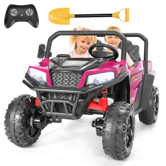 FUNTOK 24V 2 Seater Electric Ride on Toys for Big Kids w/ 20 " Large Seat, 4 x 200W Motors, 2WD/4WD Switchable Ride on UTV Dump Truck w/ Dump Bed, Remote Control, LED Lights, Bluetooth & Music, Pink