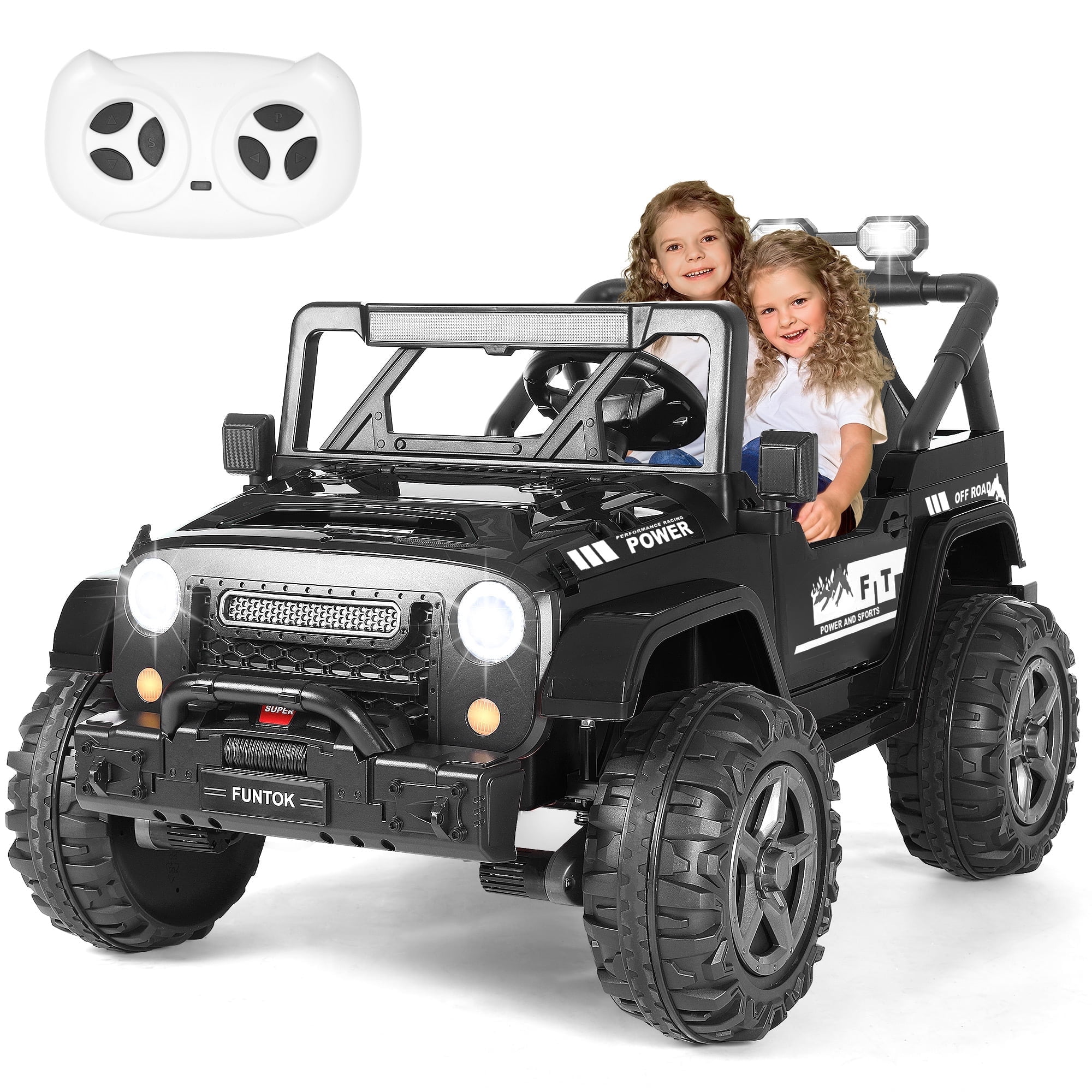 FUNTOK 24 Volt 2 Seater Kids Ride on Toys w/ 20 " Large Seat, 4 x 200W Motor Electric Vehicle Car, 4WD/2WD Switchable Battery Powered Ride on Truck, 3 Speeds with Remote Control & LED Lights, Black
