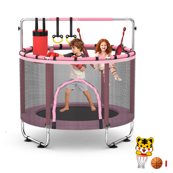 FEMCHIC 55" Kids Trampoline w/ Net, Trampoline for Kids Age 3-10, Indoor Outdoor Adjustable Small Trampoline for Toddler w/ Swing and Basketball Hoop 400LBS, Pink