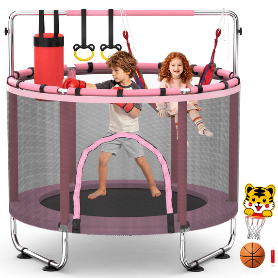 FEMCHIC 55" Kids Trampoline w/ Net, Trampoline for Kids Age 3-10, Indoor Outdoor Adjustable Small Trampoline for Toddler w/ Swing and Basketball Hoop 400LBS, Pink