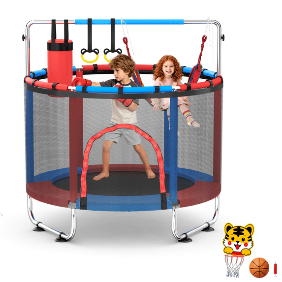 FEMCHIC 55" Kids Trampoline w/ Net, Trampoline for Kids Age 3-10, Indoor Outdoor Adjustable Small Trampoline for Toddler w/ Swing and Basketball Hoop 400LBS, Red & Blue