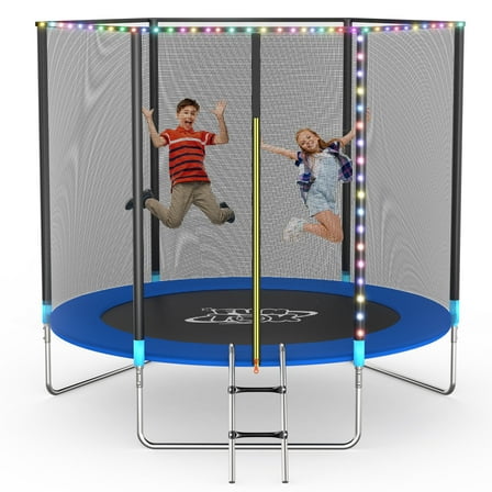 FUNTOK Trampoline for Kids, 8FT Trampoline with Light, 330LBS Capacity Outdoor Round Recreational Trampoline with Net Ladder for 2-3 Kids