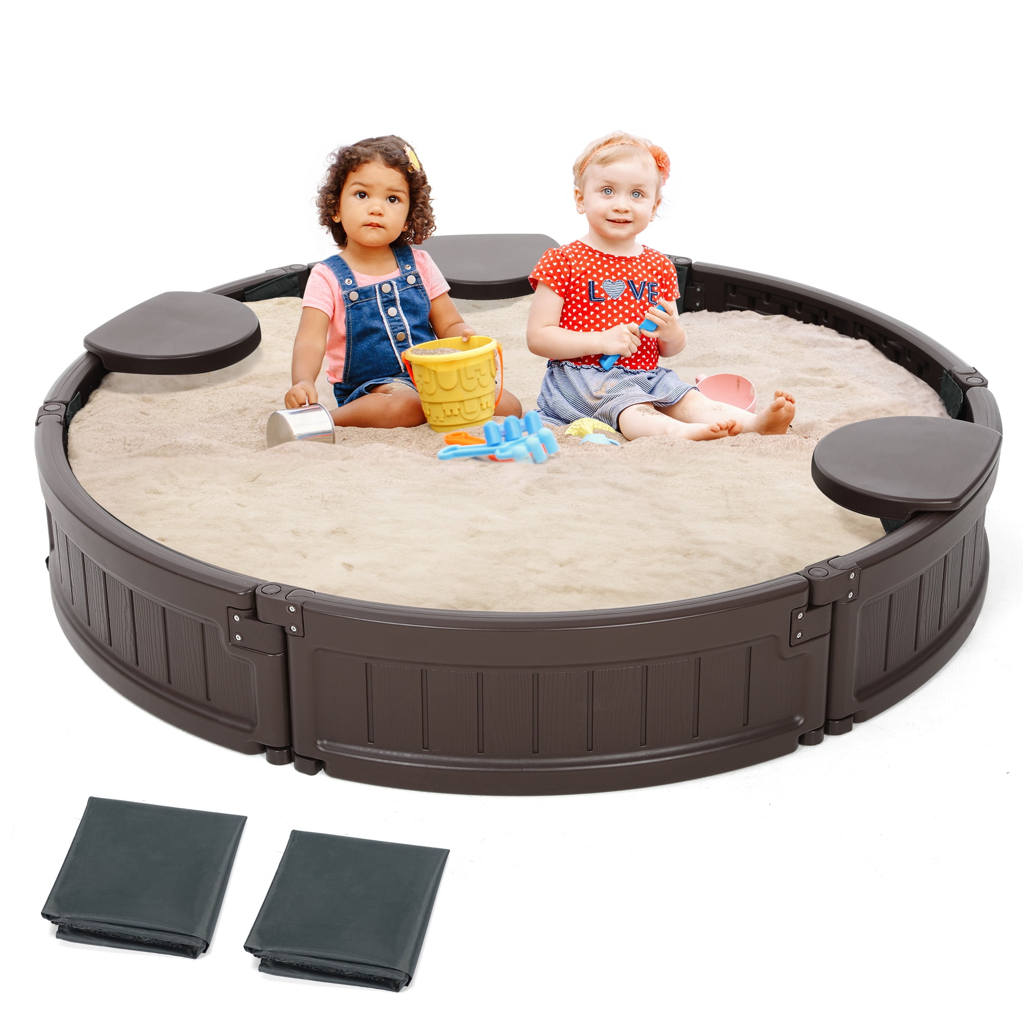 The Coupon deal of  FUNTOK Kids Outdoor Sandbox with Cover 47×47'' Plastic Sandbox, Children Sandbox w/ Lid, Circular Sand Pit for Backyard Lawn Garden Beach