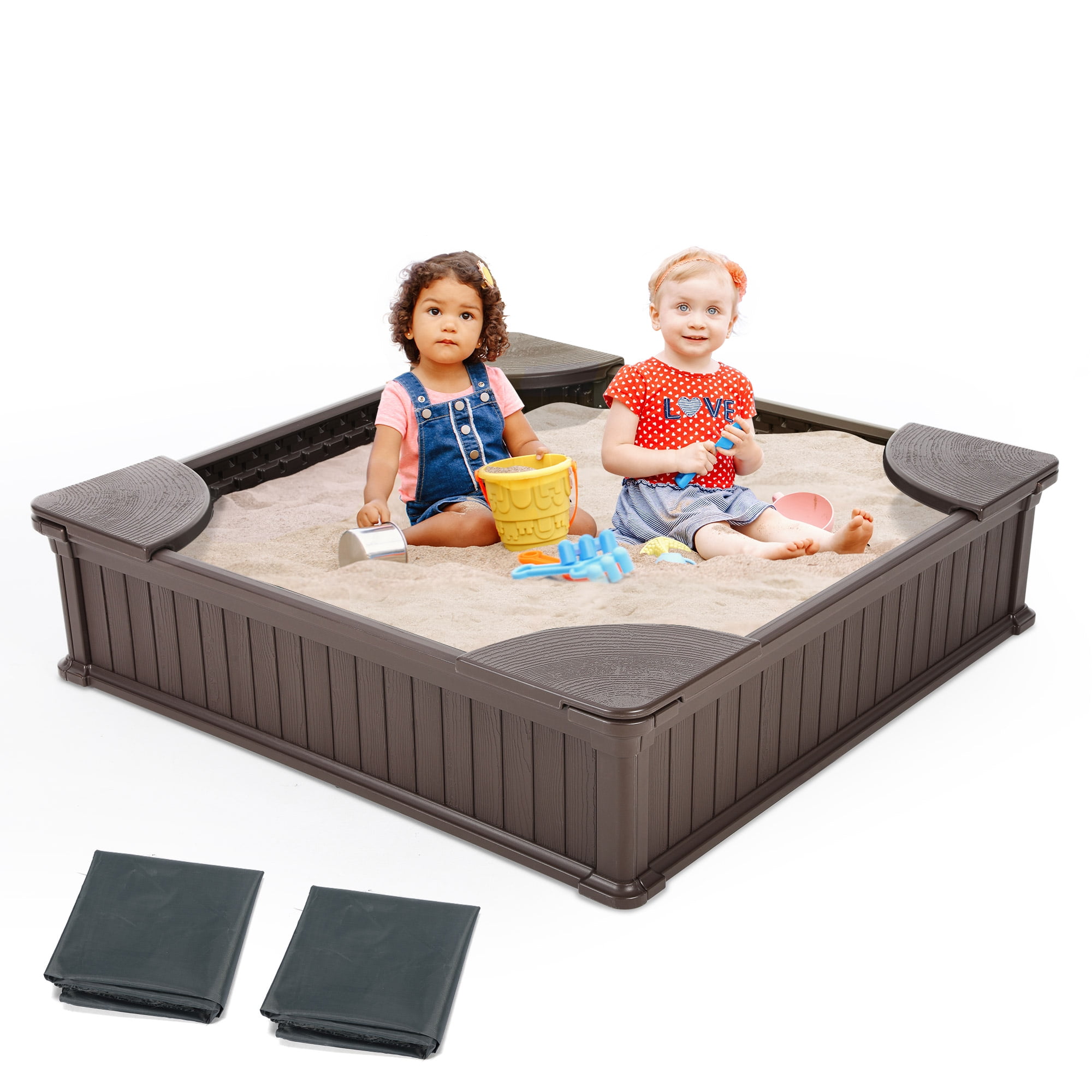 FUNTOK Kids Outdoor Sandbox with Cover 49×49'' Plastic Sand Box, Large Sandbox w/ Lid & Corner Seats for Backyard Lawn Garden Beach