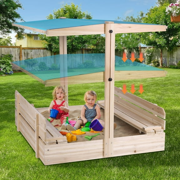 FUNTOK Kids Wooden Sandbox with Canopy,Height Adjustable UV-Resistant Canopy Roof 2 Bench Seats Cover Sand Boxes,Children Outdoor Sandbox w/ Lid for Backyard, Lawn, Beach (47x47in)