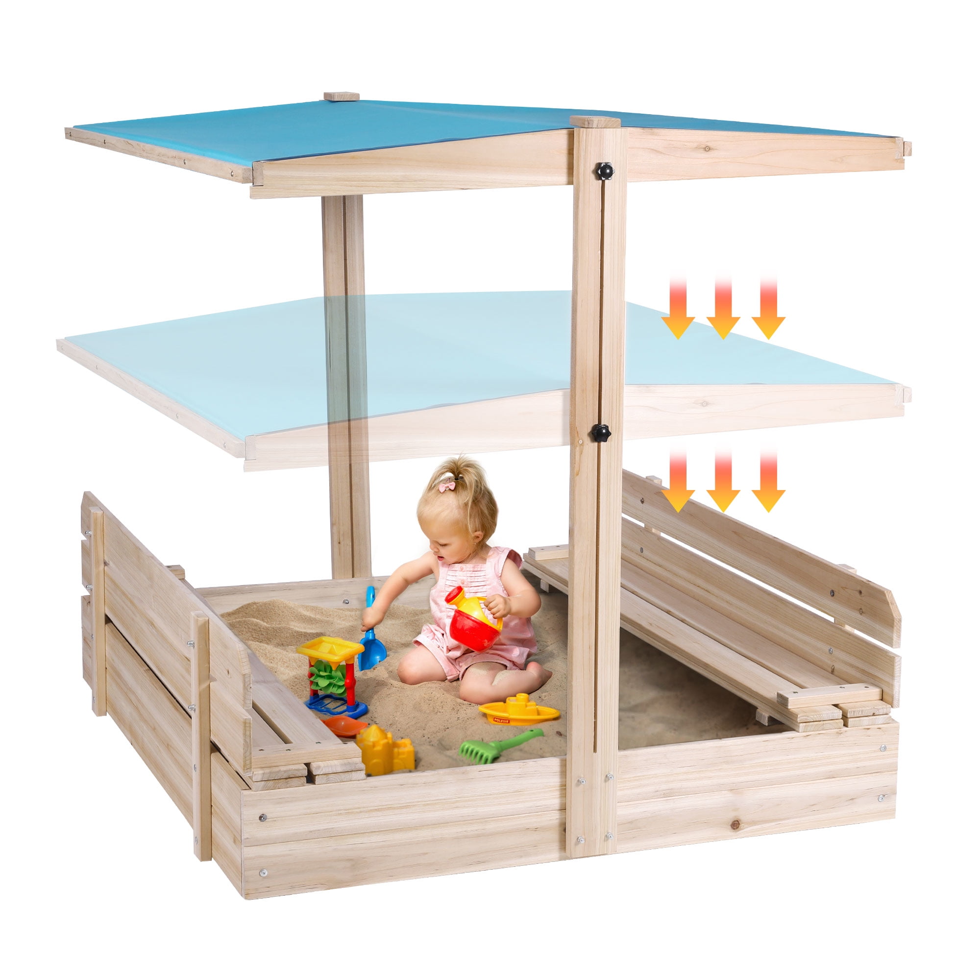 FUNTOK Kids Wooden Sandbox with Canopy,Height Adjustable UVResistant