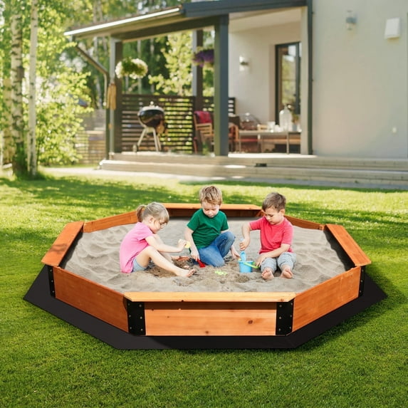 FUNTOK Large Outdoor Wood Sandbox 85'' × 85'' × 9'' Octagon Wooden Sand Box for Kids with Cover, Ideal for Children Aged 2-6 for Lawn Garden Backyard Beach