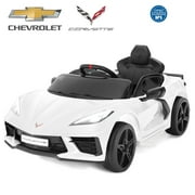 FUNTOK Licensed Chevrolet Corvette C8 12V Kids Electric Ride on Car Toy, Battery Powered Car Truck with Remote Control, Bluetooth, 3 Speeds, LED Headlight, Music Player & Spring Suspension, White